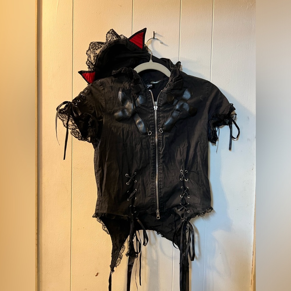 Vintage Y2K Gothic Mar Jour Black Womens Top Corset Garter Belt Cat
Ears Hood